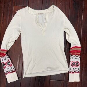 Free People Cream Top with Red Patterned Sleeves